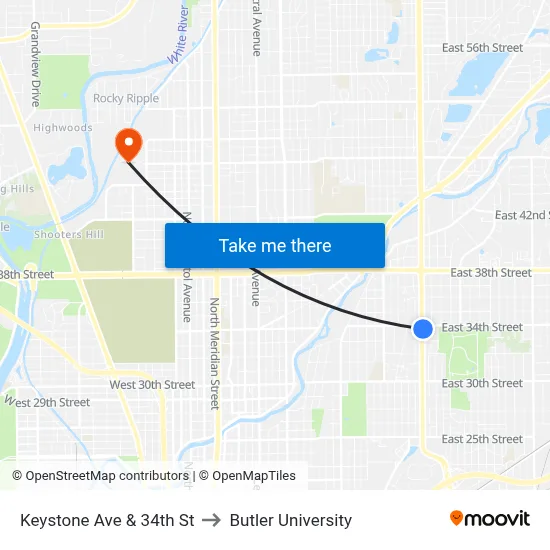Keystone Ave & 34th St to Butler University map