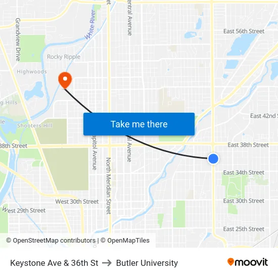 Keystone Ave & 36th St to Butler University map