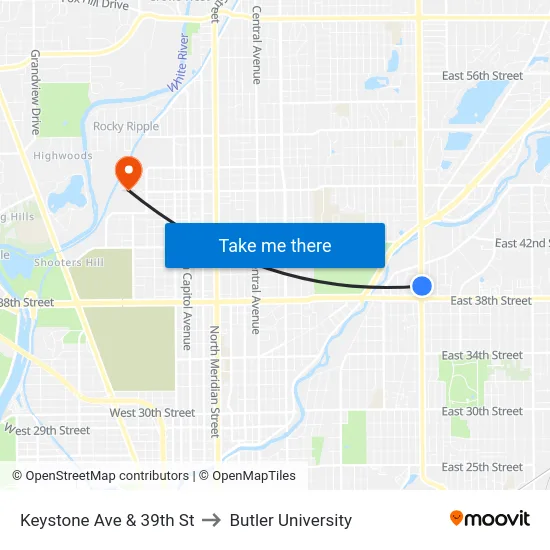 Keystone Ave & 39th St to Butler University map