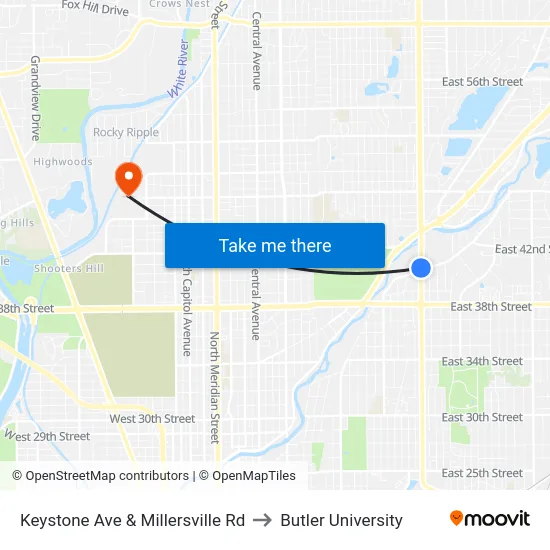Keystone Ave & Millersville Rd to Butler University map