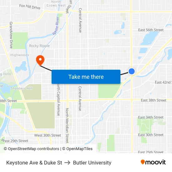 Keystone Ave & Duke St to Butler University map