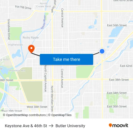 Keystone Ave & 46th St to Butler University map