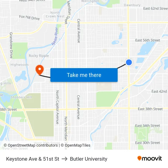 Keystone Ave & 51st St to Butler University map