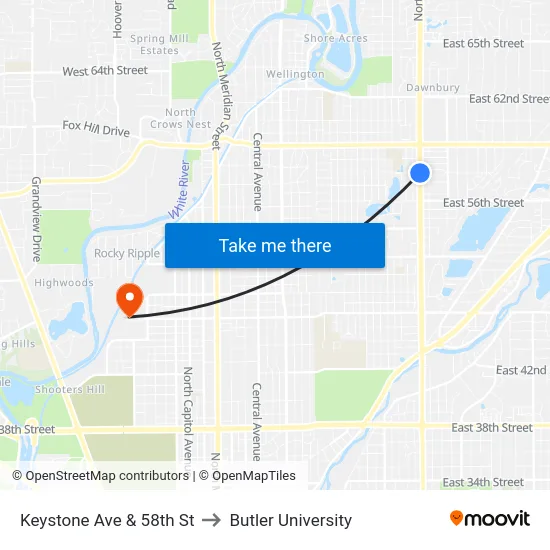 Keystone Ave & 58th St to Butler University map