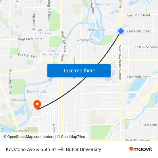 Keystone Ave & 65th St to Butler University map