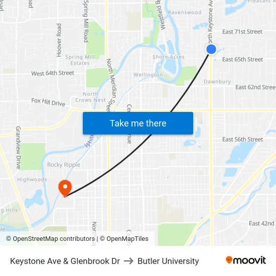 Keystone Ave & Glenbrook Dr to Butler University map