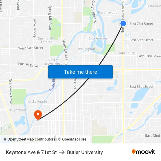 Keystone Ave & 71st St to Butler University map