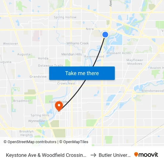 Keystone Ave & Woodfield Crossing Blvd to Butler University map