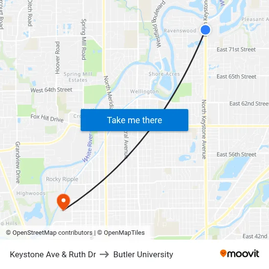 Keystone Ave & Ruth Dr to Butler University map