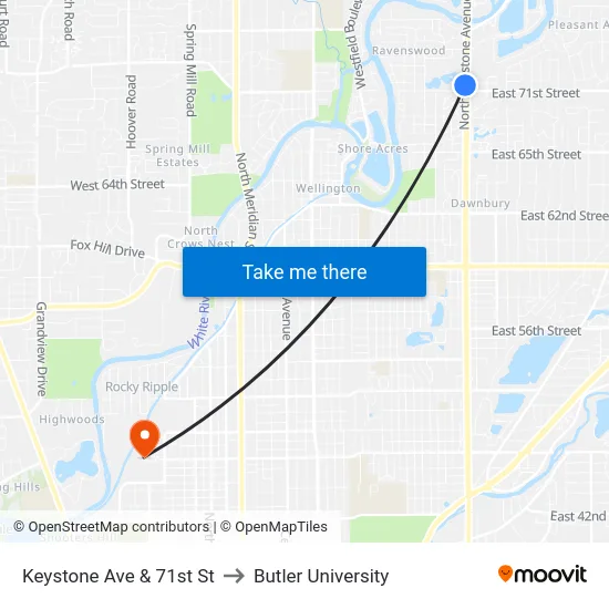 Keystone Ave & 71st St to Butler University map