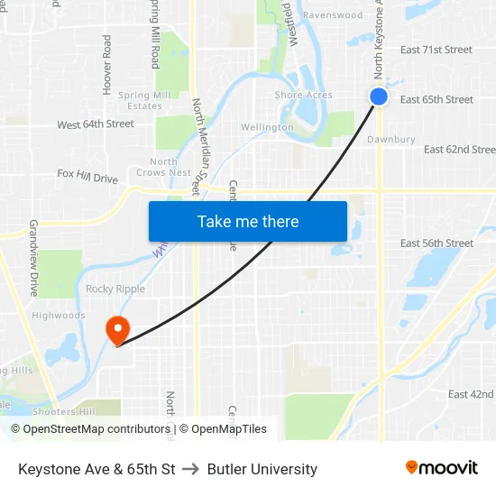 Keystone Ave & 65th St to Butler University map