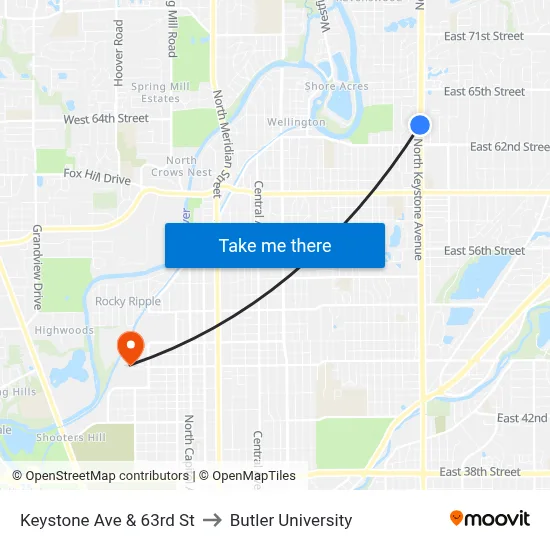 Keystone Ave & 63rd St to Butler University map