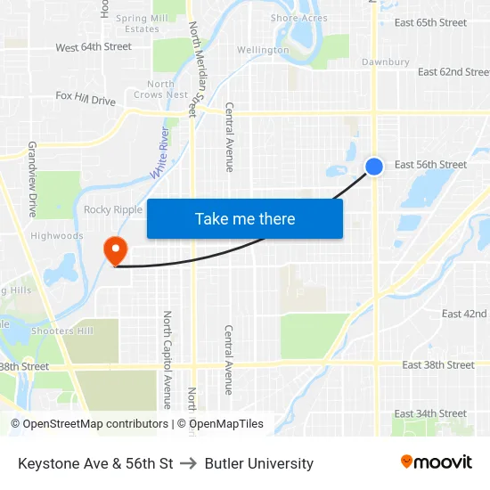 Keystone Ave & 56th St to Butler University map