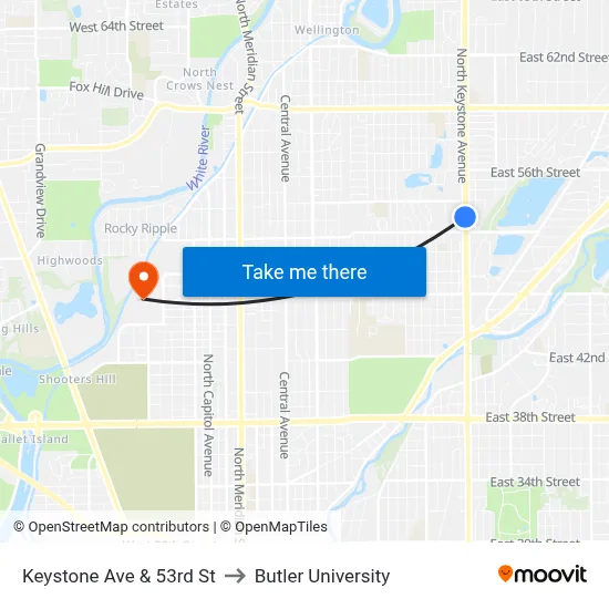 Keystone Ave & 53rd St to Butler University map