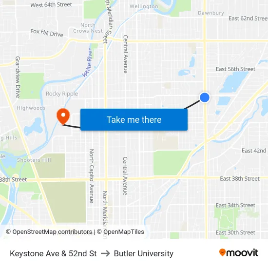 Keystone Ave & 52nd St to Butler University map