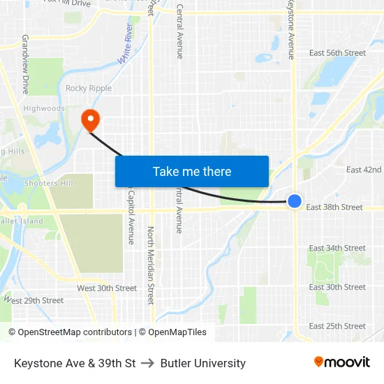 Keystone Ave & 39th St to Butler University map