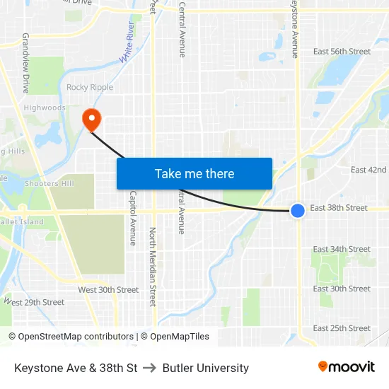 Keystone Ave & 38th St to Butler University map