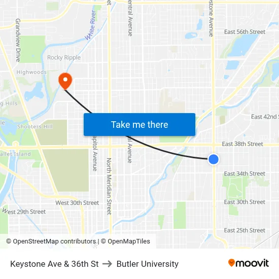 Keystone Ave & 36th St to Butler University map