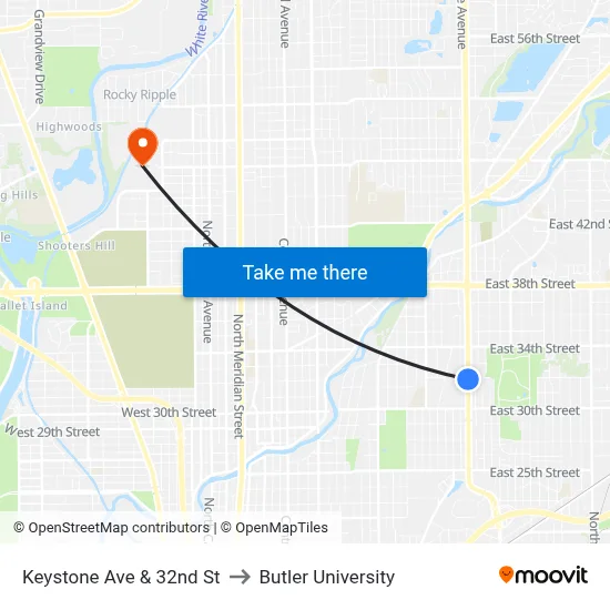 Keystone Ave & 32nd St to Butler University map
