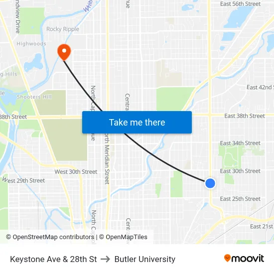 Keystone Ave & 28th St to Butler University map