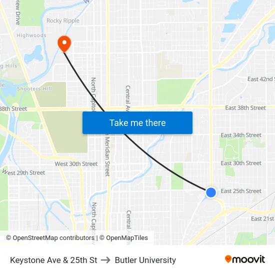 Keystone Ave & 25th St to Butler University map