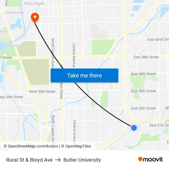 Rural St & Bloyd Ave to Butler University map