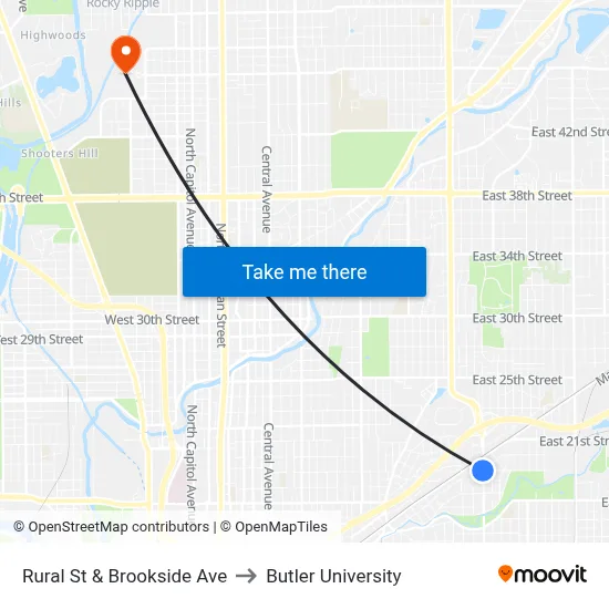 Rural St & Brookside Ave to Butler University map