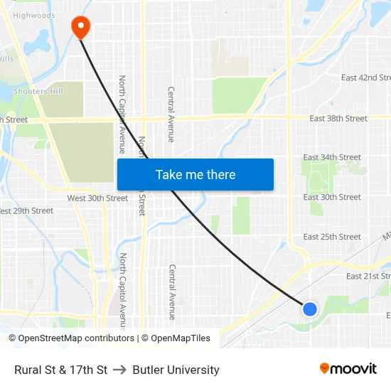 Rural St & 17th St to Butler University map