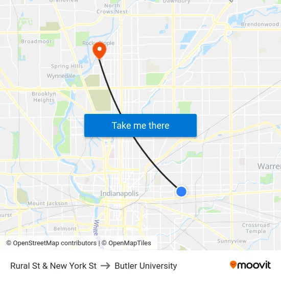 Rural St & New York St to Butler University map