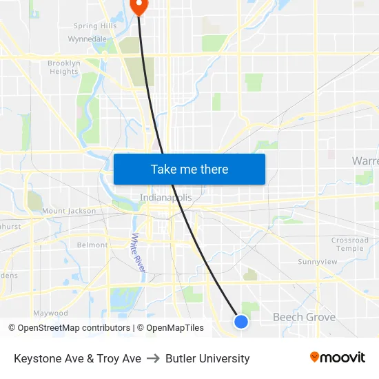 Keystone Ave & Troy Ave to Butler University map