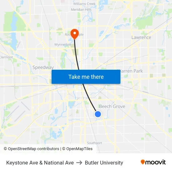 Keystone Ave & National Ave to Butler University map