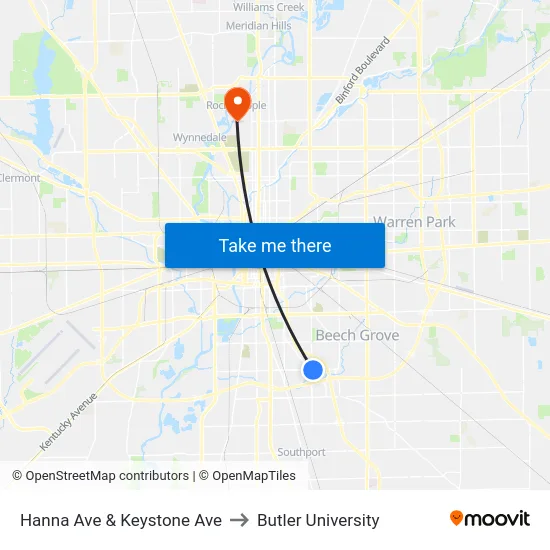 Hanna Ave & Keystone Ave to Butler University map
