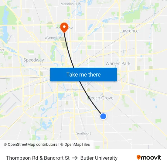 Thompson Rd & Bancroft St to Butler University map