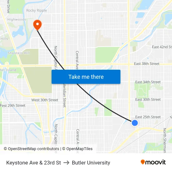 Keystone Ave & 23rd St to Butler University map