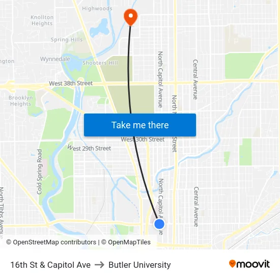 16th St & Capitol Ave to Butler University map