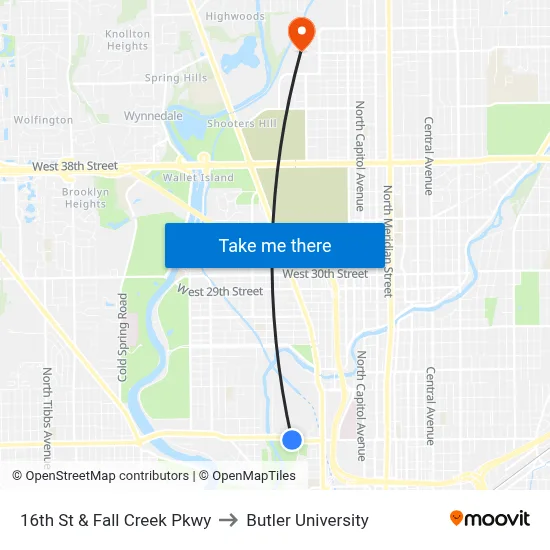 16th St & Fall Creek Pkwy to Butler University map