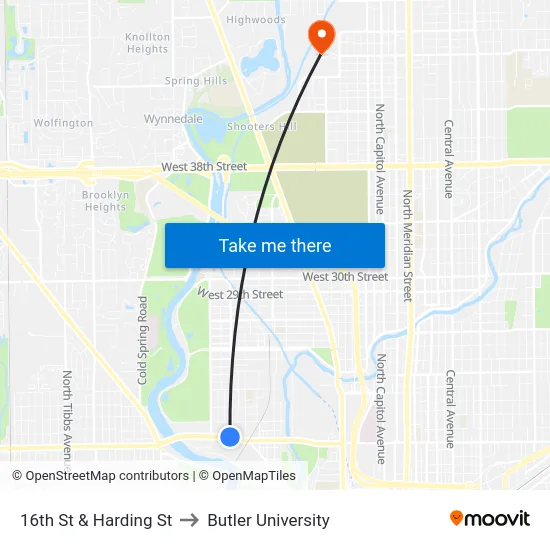 16th St & Harding St to Butler University map