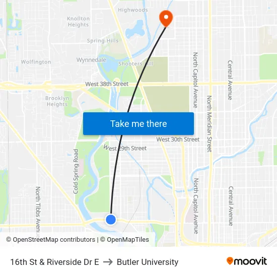 16th St & Riverside Dr E to Butler University map