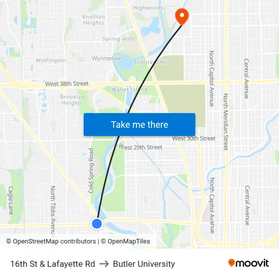 16th St & Lafayette Rd to Butler University map