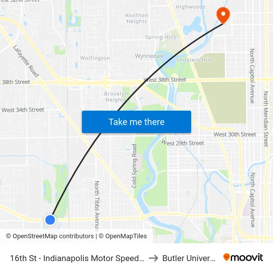 16th St - Indianapolis Motor Speedway to Butler University map