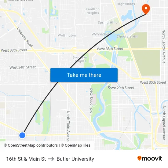16th St & Main St to Butler University map