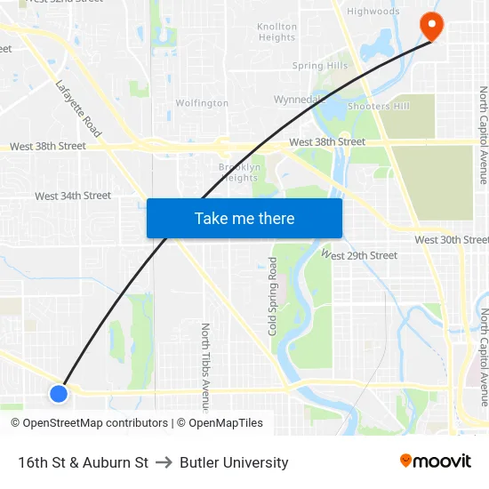 16th St & Auburn St to Butler University map