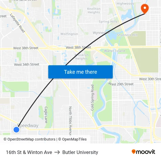 16th St & Winton Ave to Butler University map