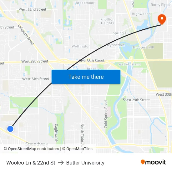 Woolco Ln & 22nd St to Butler University map