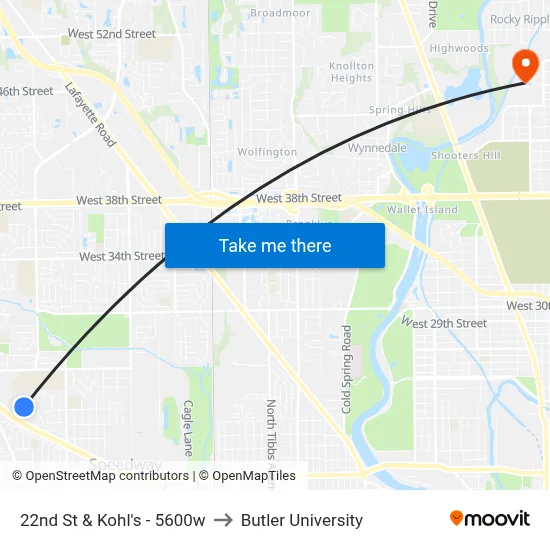 22nd St & Kohl's - 5600w to Butler University map