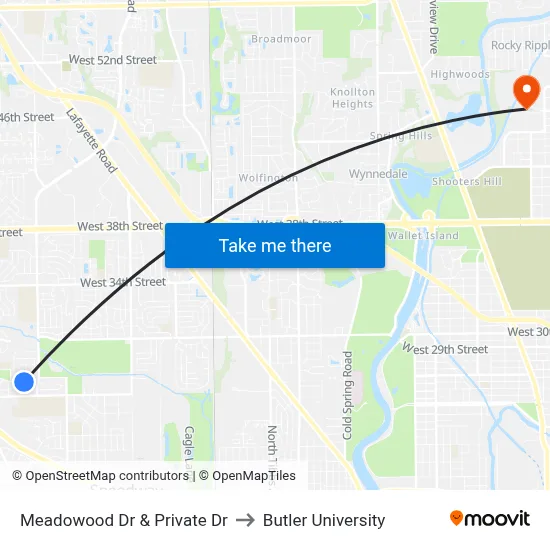 Meadowood Dr & Private Dr to Butler University map