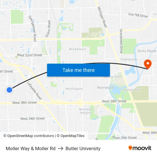 Moller Way & Moller Rd to Butler University map