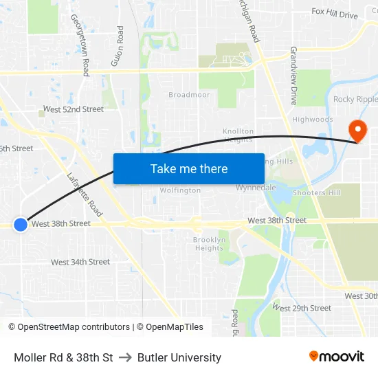 Moller Rd & 38th St to Butler University map