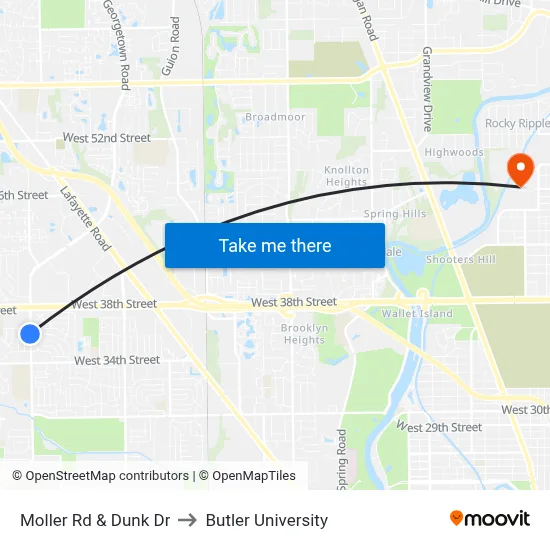 Moller Rd & Dunk Dr to Butler University map