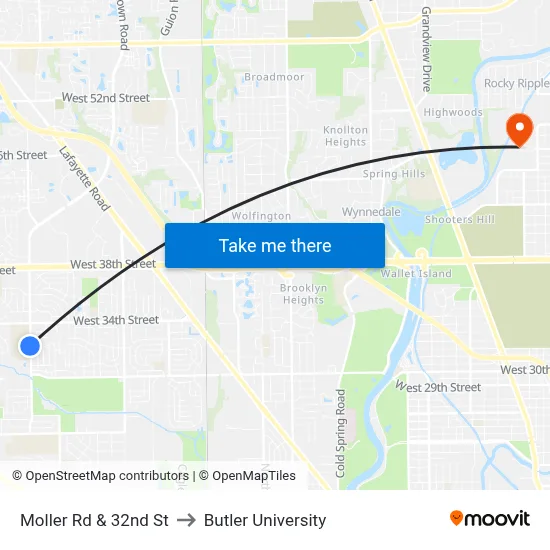 Moller Rd & 32nd St to Butler University map